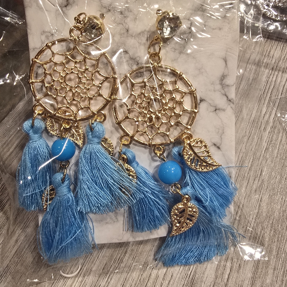 Gold Dreamcatcher Tassel Drop Earrings - Blue